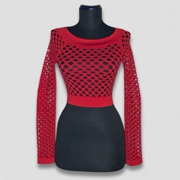 Vintage Red Y2K Mesh Top Fishnet Stretch Long Sleeve Size S M - Picture 1 of 9